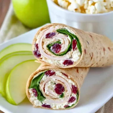 Delicious Turkey Cranberry Wrap with turkey, cranberries, and fresh greens