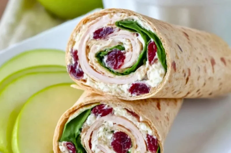 Delicious Turkey Cranberry Wrap with turkey, cranberries, and fresh greens