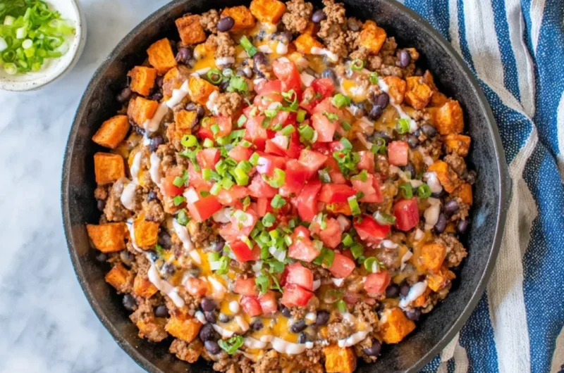 Turkey Sweet Potato Skillet with vibrant vegetables in a cast-iron pan