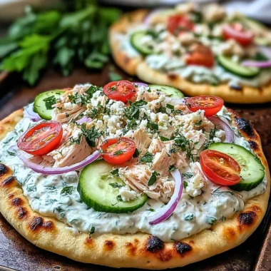 Delicious Tzatziki Chicken Pizza topped with fresh ingredients