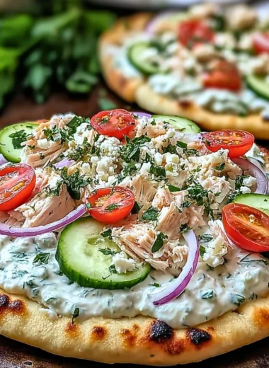 Delicious Tzatziki Chicken Pizza topped with fresh ingredients