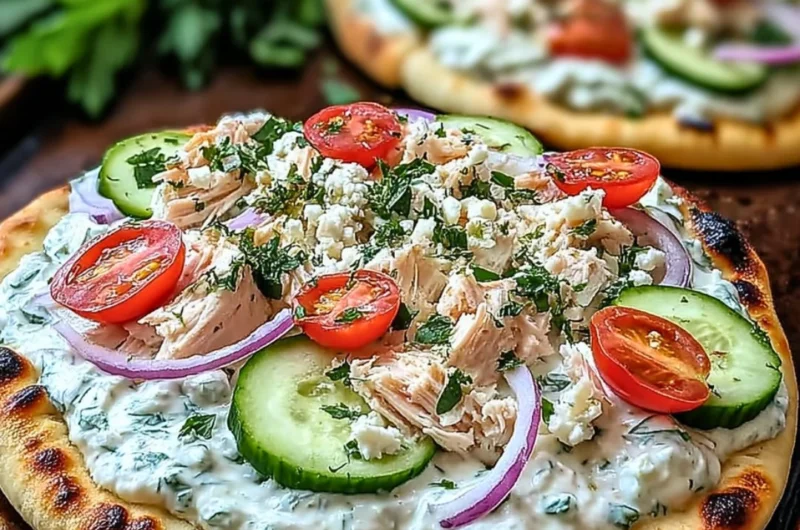 Delicious Tzatziki Chicken Pizza topped with fresh ingredients