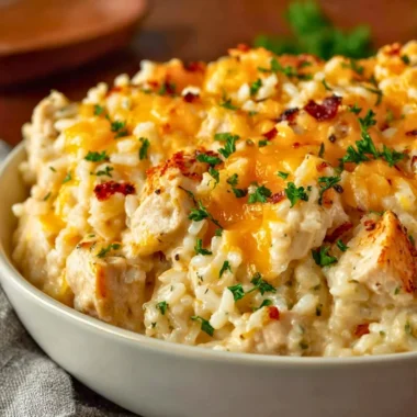 Delicious Angel Chicken and Rice Casserole topped with crispy herbs and cheese