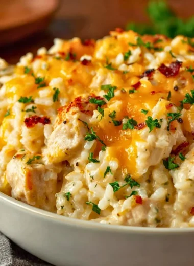 Delicious Angel Chicken and Rice Casserole topped with crispy herbs and cheese