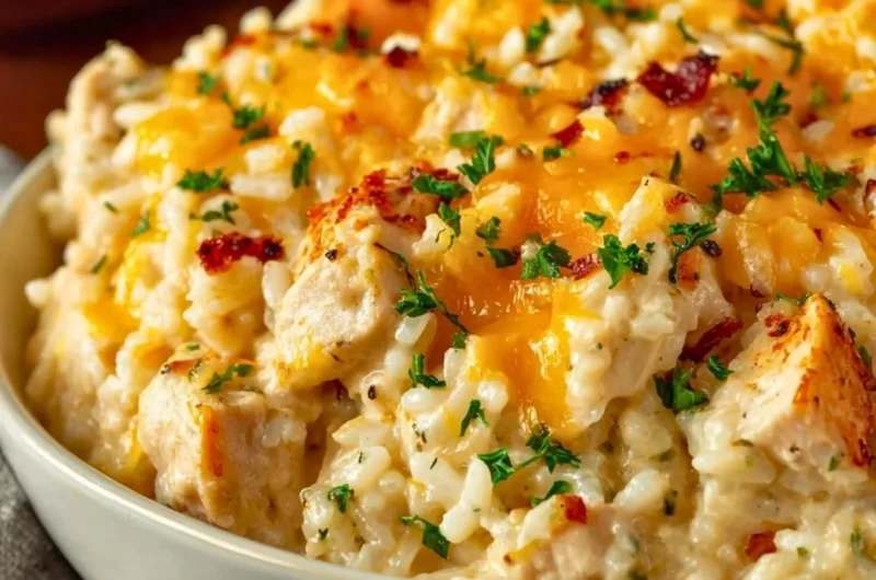 Delicious Angel Chicken and Rice Casserole topped with crispy herbs and cheese
