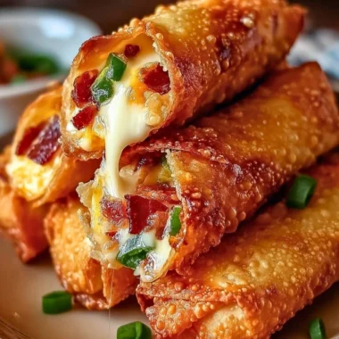 Delicious Bacon Jalapeño Popper Egg Rolls on a plate, served with dipping sauce.