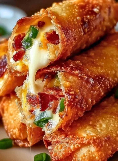 Delicious Bacon Jalapeño Popper Egg Rolls on a plate, served with dipping sauce.