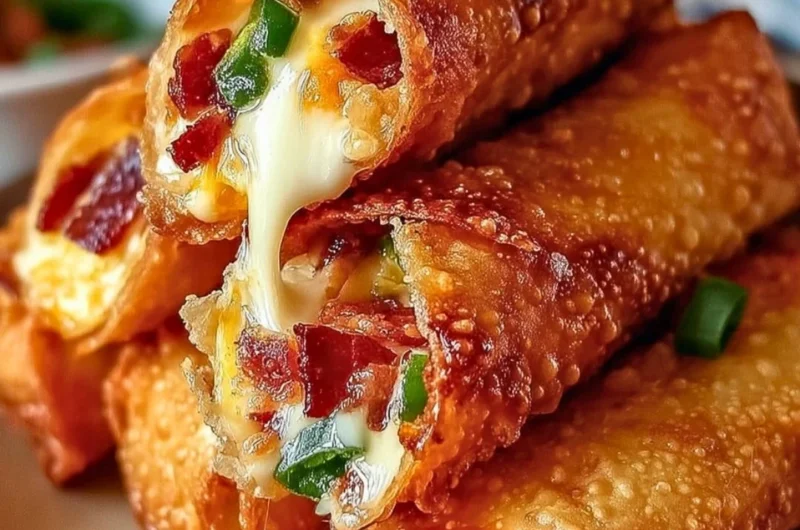 Delicious Bacon Jalapeño Popper Egg Rolls on a plate, served with dipping sauce.