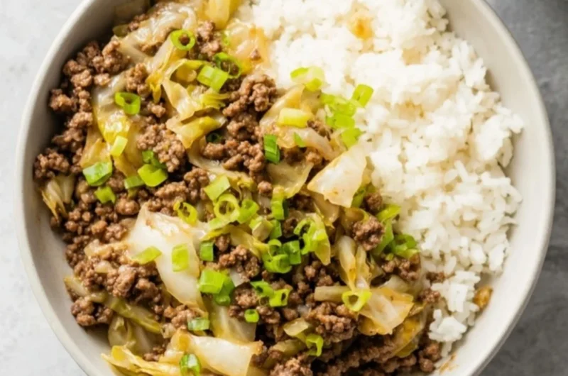 Beef and Cabbage Stir Fry in a colorful bowl on a wooden table.
