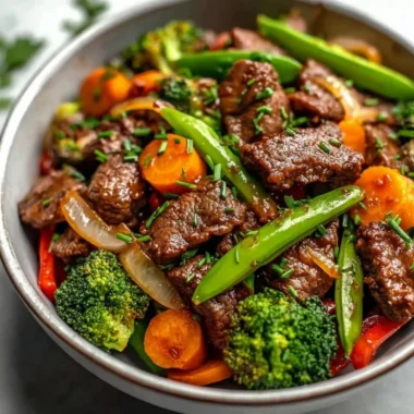 Beef stir fry with colorful vegetables in a skillet
