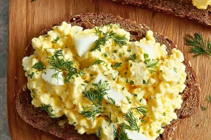 Delicious cottage cheese egg salad sandwich on a plate with fresh greens