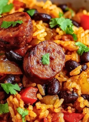 Delicious black beans and rice with sausage served in a bowl