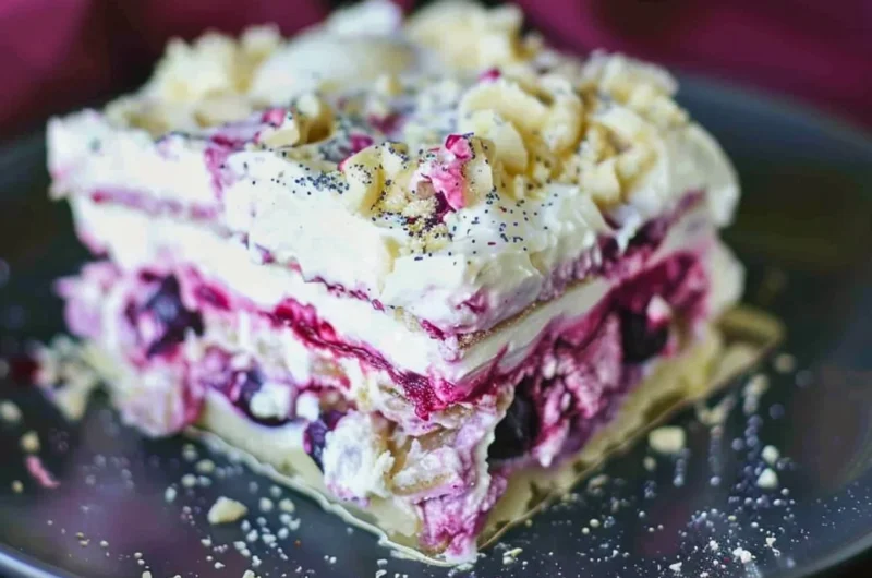 Blueberry cheesecake lasagna with layers of cream and fresh blueberries.