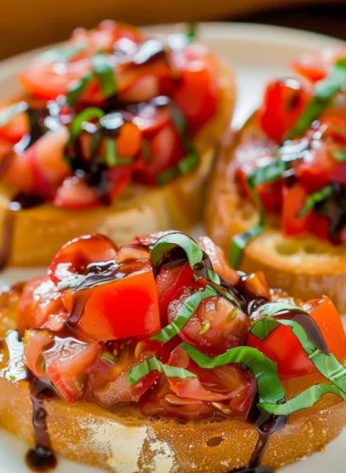 Delicious bruschetta topped with fresh tomatoes and basil on toasted bread