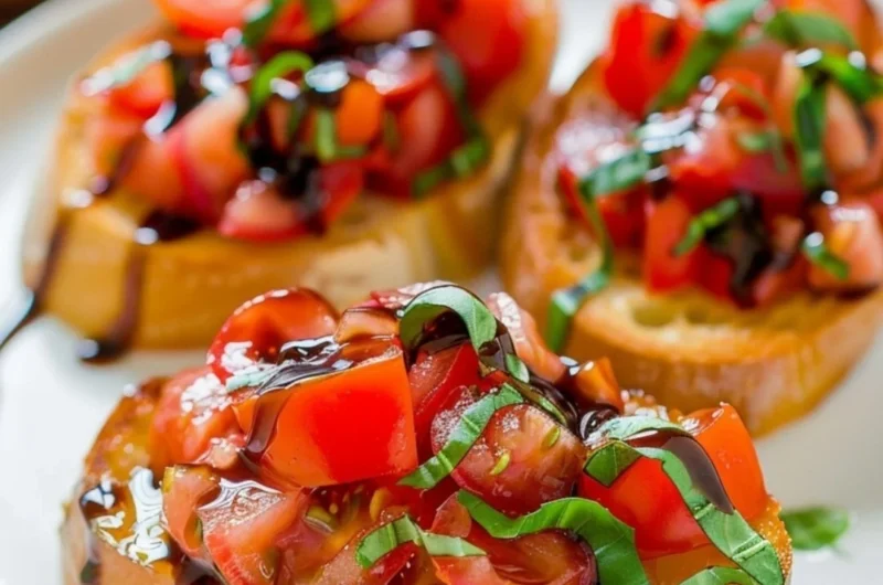 Delicious bruschetta topped with fresh tomatoes and basil on toasted bread