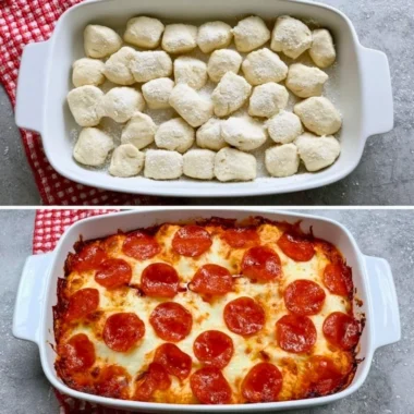 Bubble Up Biscuit Pizza Casserole with cheese and toppings baked to perfection