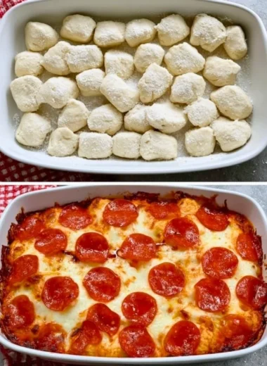 Bubble Up Biscuit Pizza Casserole with cheese and toppings baked to perfection