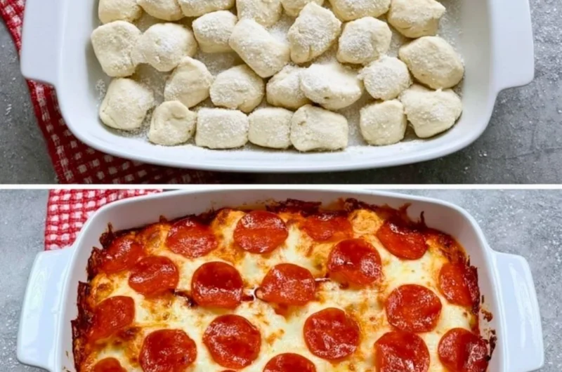 Bubble Up Biscuit Pizza Casserole with cheese and toppings baked to perfection