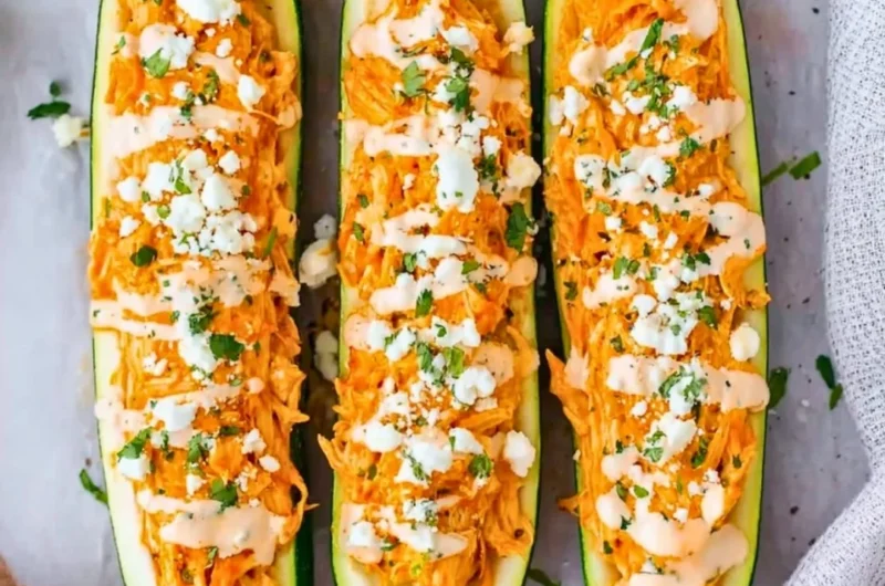 Buffalo Chicken Stuffed Zucchini Boats filled with spicy chicken and cheese