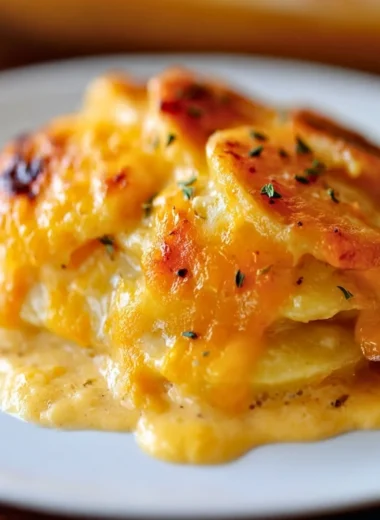Delicious cheesy potatoes baked to perfection, ready to serve as a side dish.