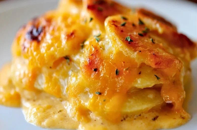 Delicious cheesy potatoes baked to perfection, ready to serve as a side dish.