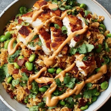 Chicken Crispy Rice Salad topped with peanut dressing in a vibrant bowl