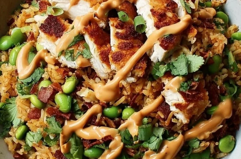Chicken Crispy Rice Salad topped with peanut dressing in a vibrant bowl