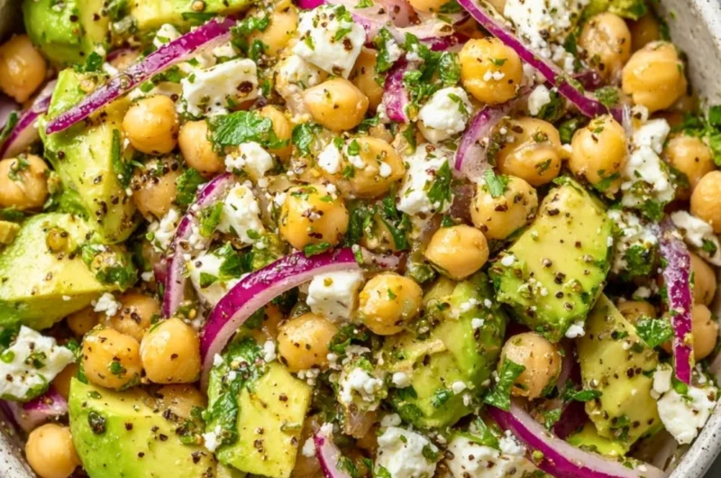 Chickpea Feta Avocado Salad with vibrant vegetables in a bowl