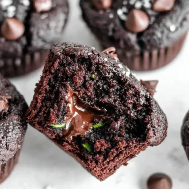 Gluten-free chocolate zucchini muffins on a plate, topped with chocolate chips