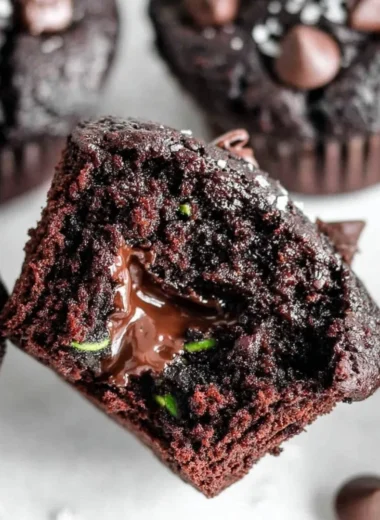 Gluten-free chocolate zucchini muffins on a plate, topped with chocolate chips