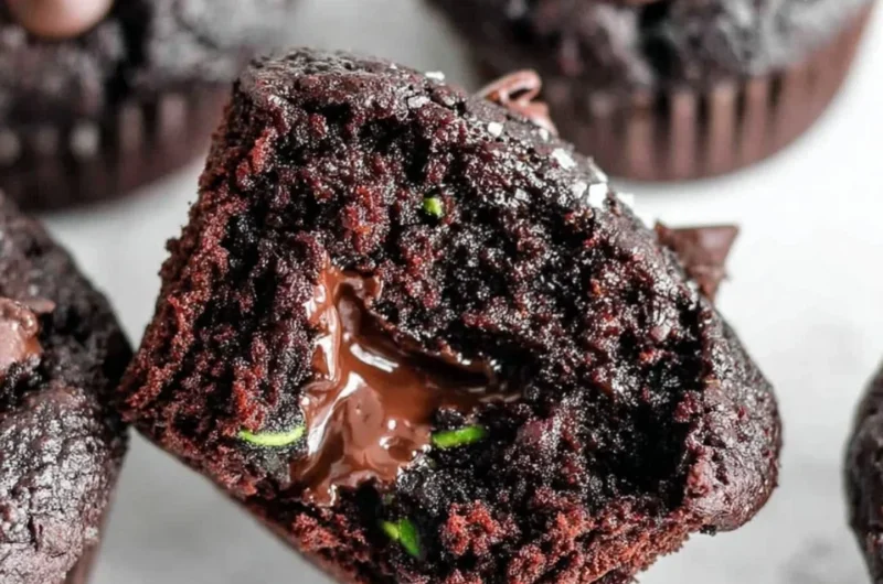 Gluten-free chocolate zucchini muffins on a plate, topped with chocolate chips