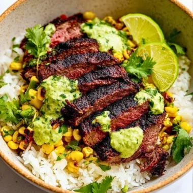 Cilantro lime steak and rice bowls topped with fresh cilantro
