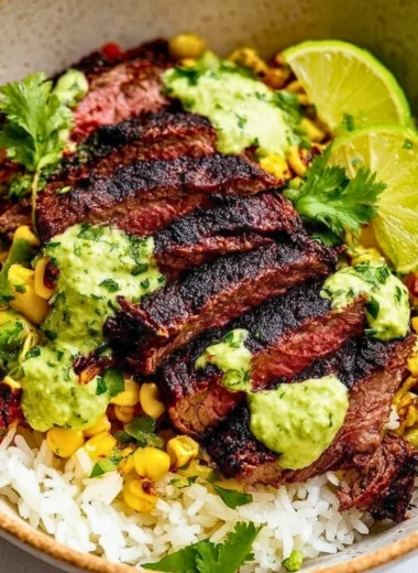 Cilantro lime steak and rice bowls topped with fresh cilantro