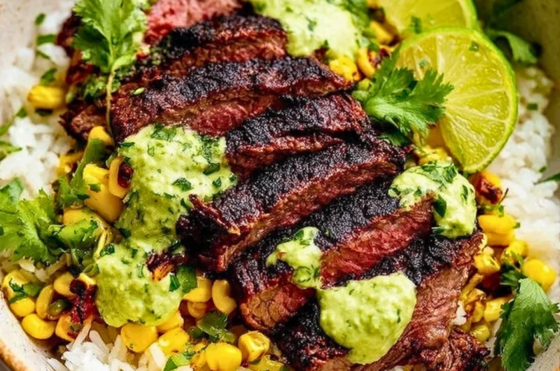 Cilantro lime steak and rice bowls topped with fresh cilantro