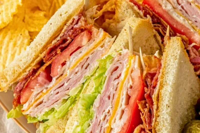 Delicious and layered Club Sandwich with turkey, bacon, and fresh veggies
