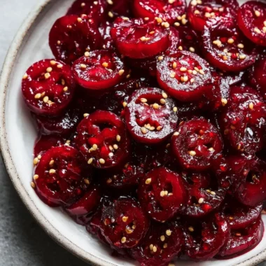 A jar of Cranberry Jalapeño Cowboy Candy with jalapeños and cranberries.