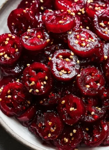 A jar of Cranberry Jalapeño Cowboy Candy with jalapeños and cranberries.