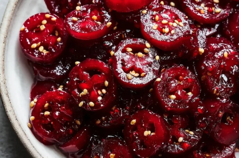 A jar of Cranberry Jalapeño Cowboy Candy with jalapeños and cranberries.
