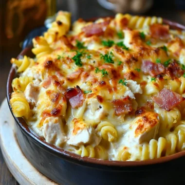 Delicious chicken pasta casserole topped with cheese and herbs, served in a dish.