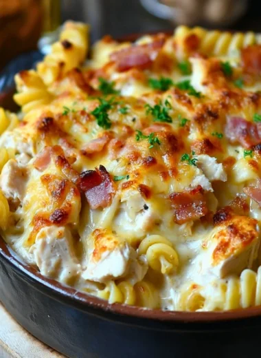 Delicious chicken pasta casserole topped with cheese and herbs, served in a dish.