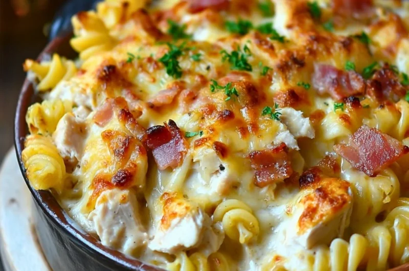 Delicious chicken pasta casserole topped with cheese and herbs, served in a dish.