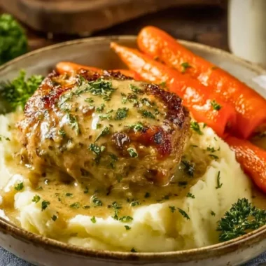 Creamy herb chicken with mashed potatoes and honey glazed carrots on a plate