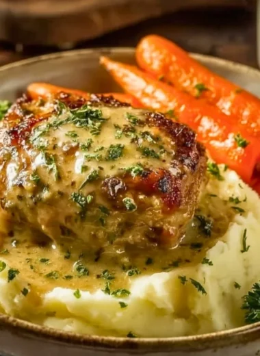 Creamy herb chicken with mashed potatoes and honey glazed carrots on a plate