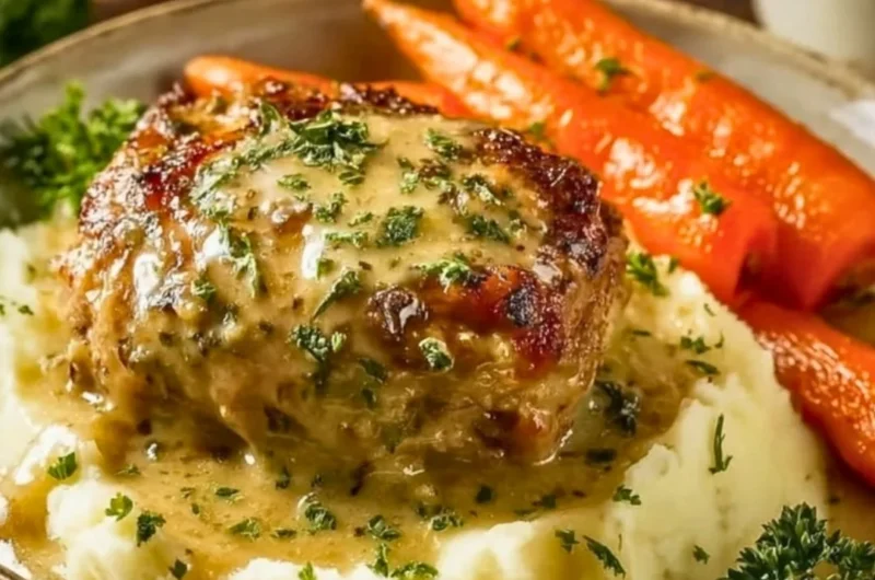 Creamy herb chicken with mashed potatoes and honey glazed carrots on a plate