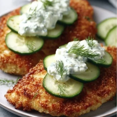Crispy Dill Pickle Parmesan Chicken garnished with dill and served on a plate