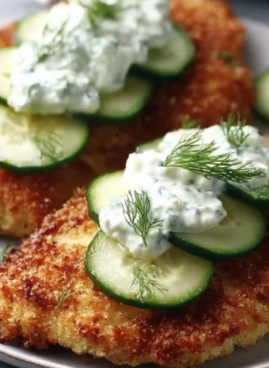 Crispy Dill Pickle Parmesan Chicken garnished with dill and served on a plate