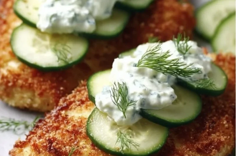Crispy Dill Pickle Parmesan Chicken garnished with dill and served on a plate