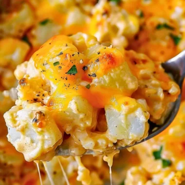 Crock Pot cheesy potatoes ready to serve, creamy and cheesy side dish.