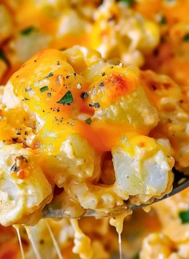 Crock Pot cheesy potatoes ready to serve, creamy and cheesy side dish.