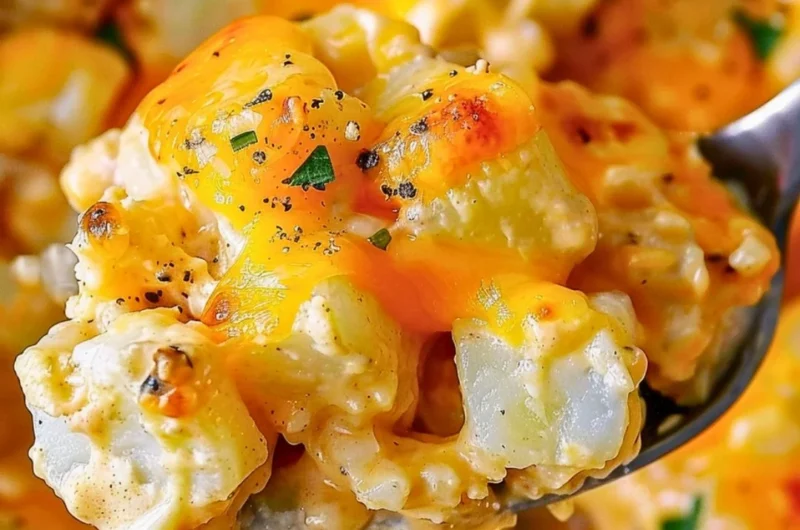 Crock Pot cheesy potatoes ready to serve, creamy and cheesy side dish.